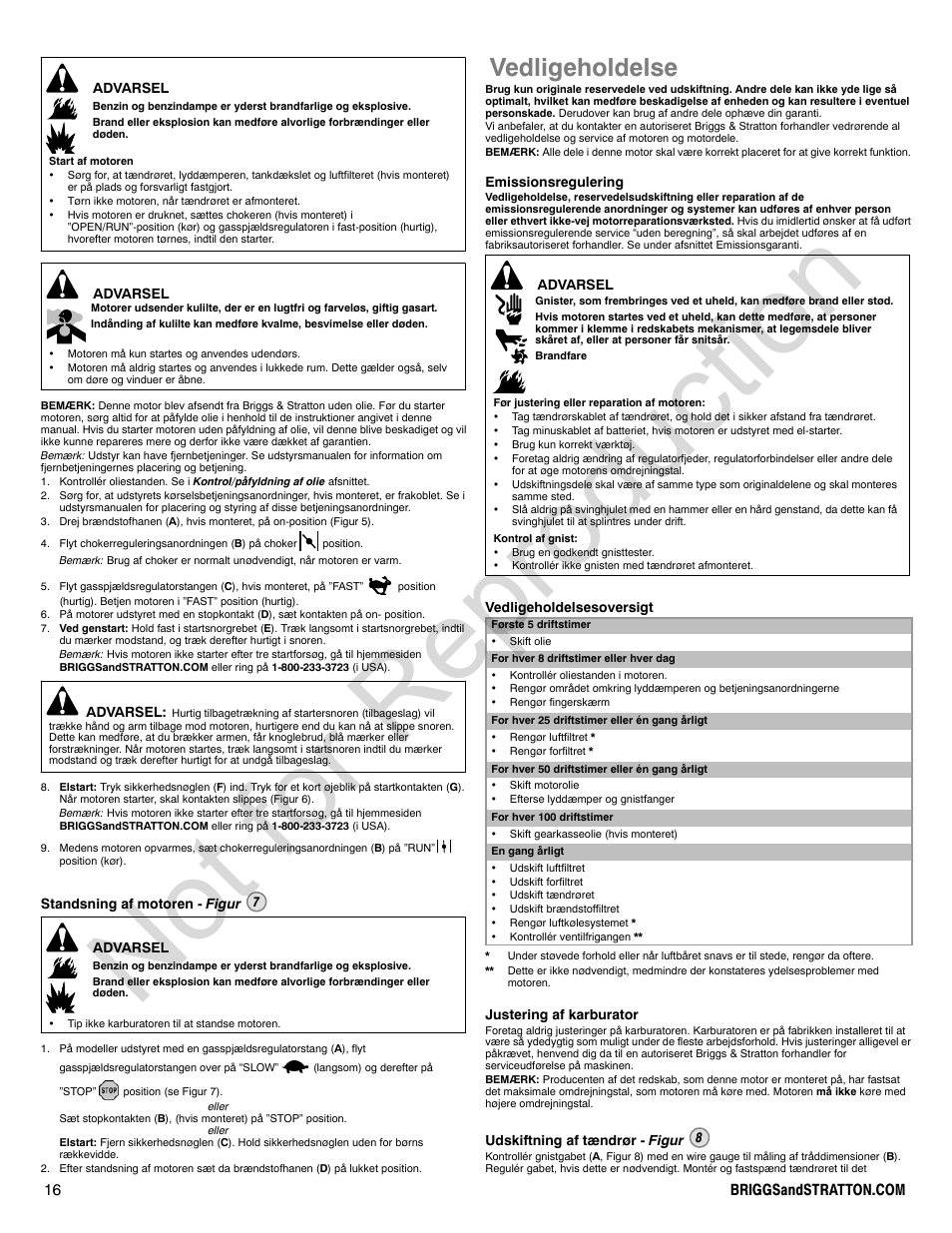 Not for reproduction, Vedligeholdelse | Briggs & Stratton POWER BUILT 200000 User Manual | Page 16 / 92