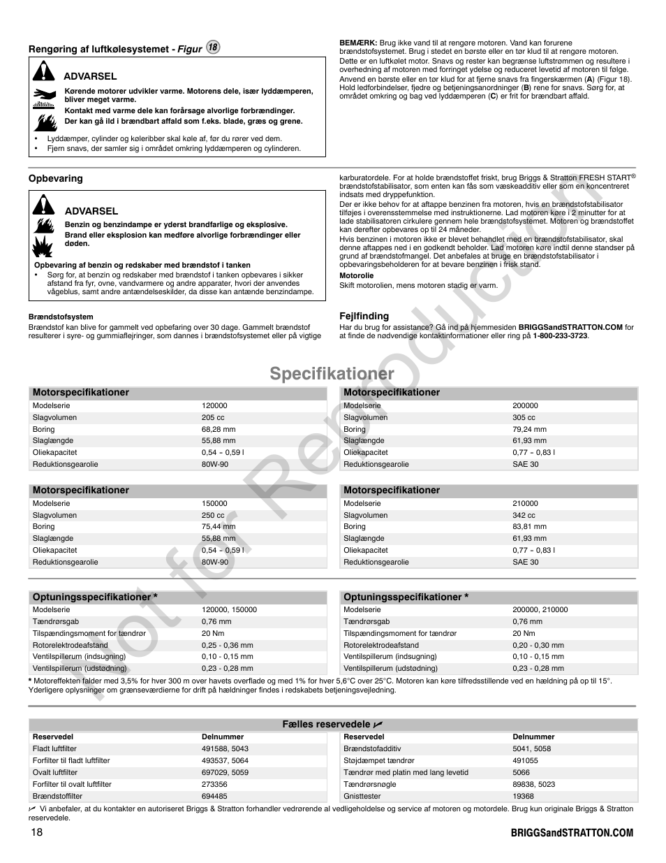 Not for reproduction, Specifikationer | Briggs & Stratton POWER BUILT 200000 User Manual | Page 18 / 92