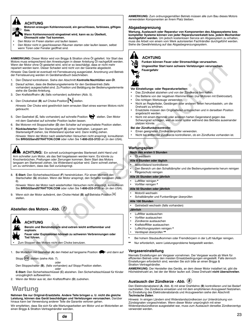 Not for reproduction, Wartung, 23 de | Briggs & Stratton POWER BUILT 200000 User Manual | Page 23 / 92