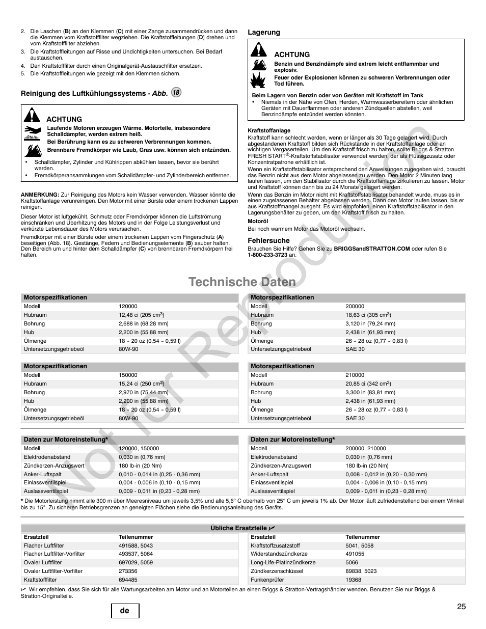 Not for reproduction, Technische daten, 25 de | Briggs & Stratton POWER BUILT 200000 User Manual | Page 25 / 92