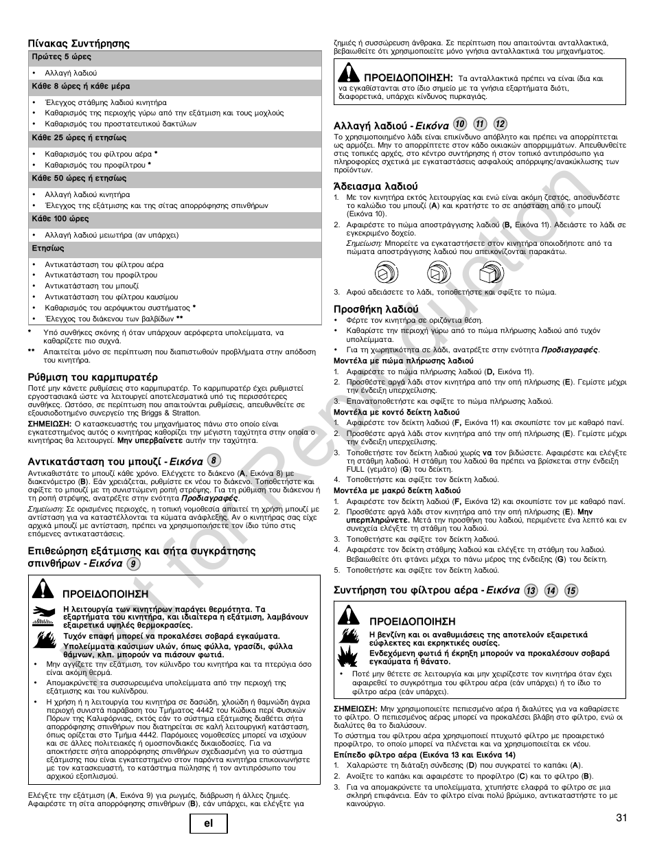 Not for reproduction, 31 el | Briggs & Stratton POWER BUILT 200000 User Manual | Page 31 / 92