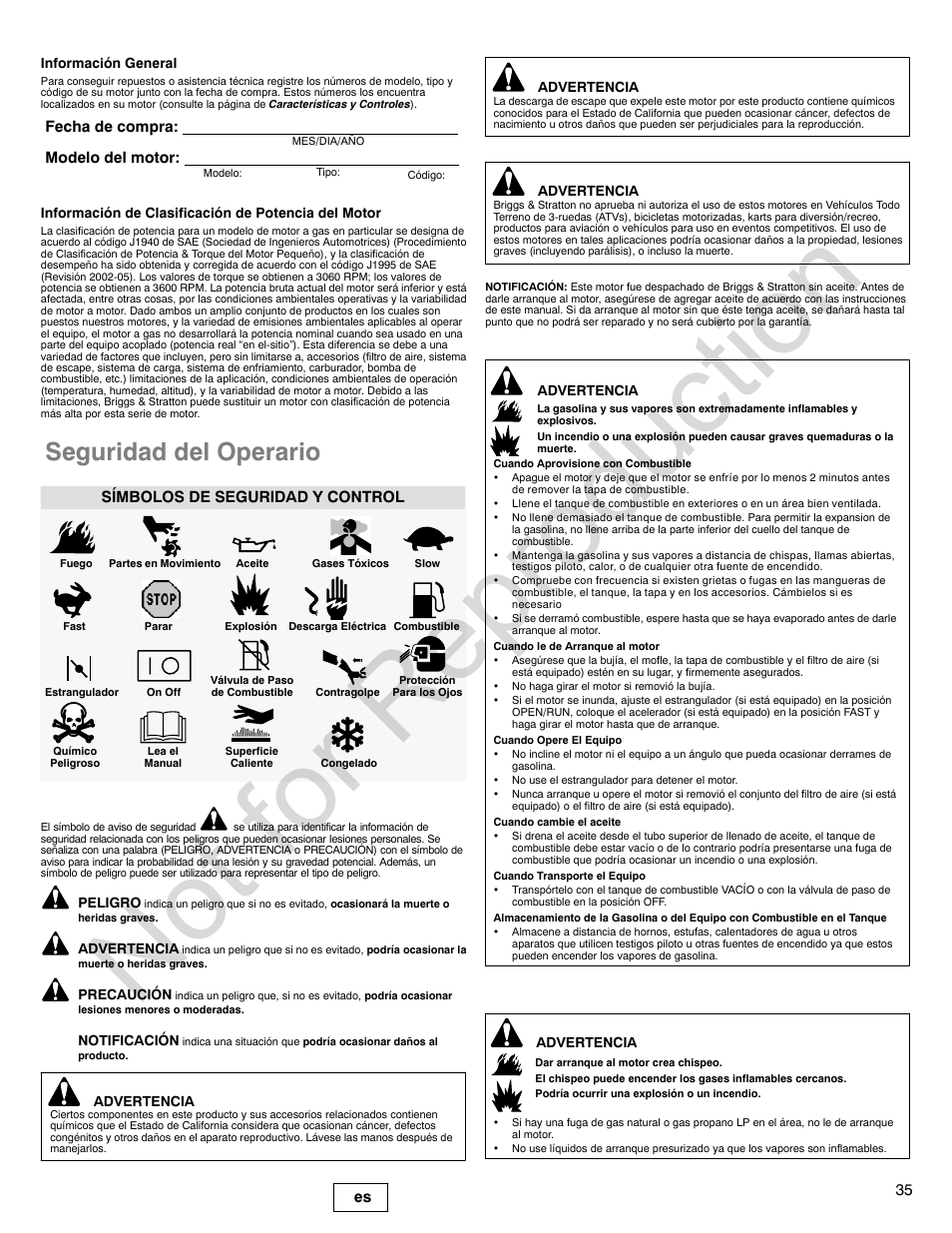 Not for reproduction, Seguridad del operario, 35 es | Fecha de compra: modelo del motor, Símbolos de seguridad y control | Briggs & Stratton POWER BUILT 200000 User Manual | Page 35 / 92