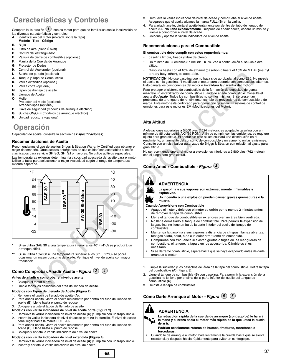 Not for reproduction, Características y controles, Operación | Briggs & Stratton POWER BUILT 200000 User Manual | Page 37 / 92