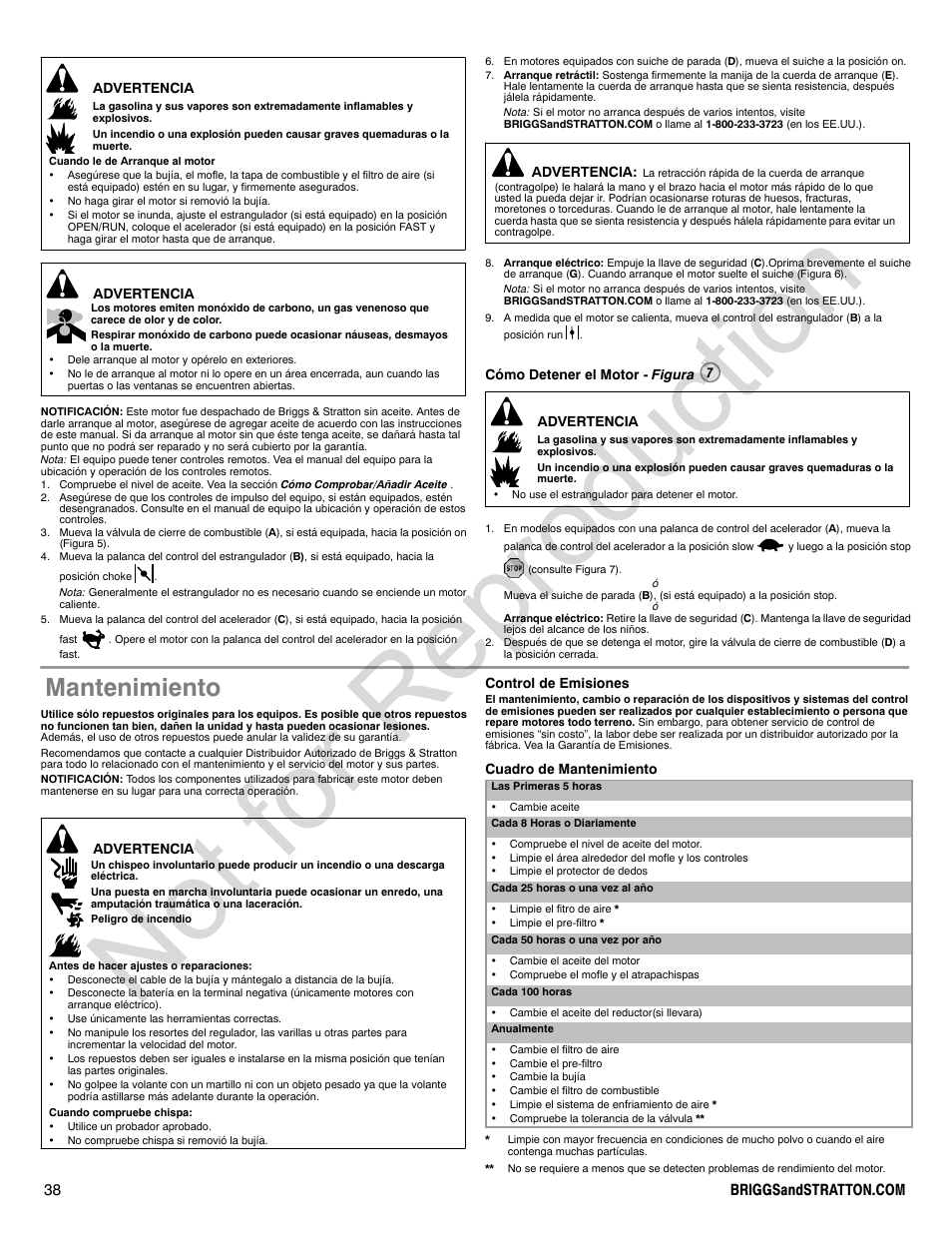 Not for reproduction, Mantenimiento | Briggs & Stratton POWER BUILT 200000 User Manual | Page 38 / 92