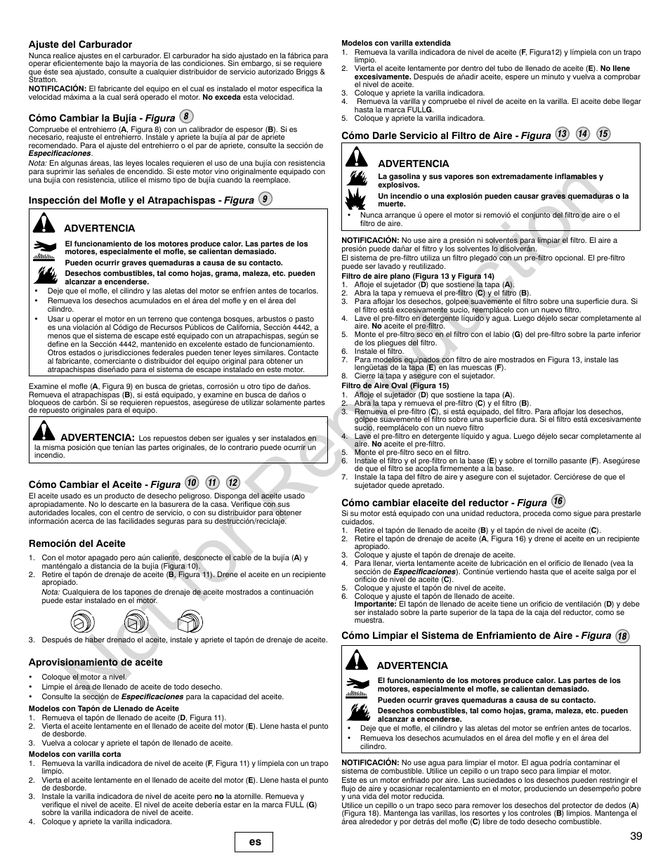 Not for reproduction, 39 es | Briggs & Stratton POWER BUILT 200000 User Manual | Page 39 / 92