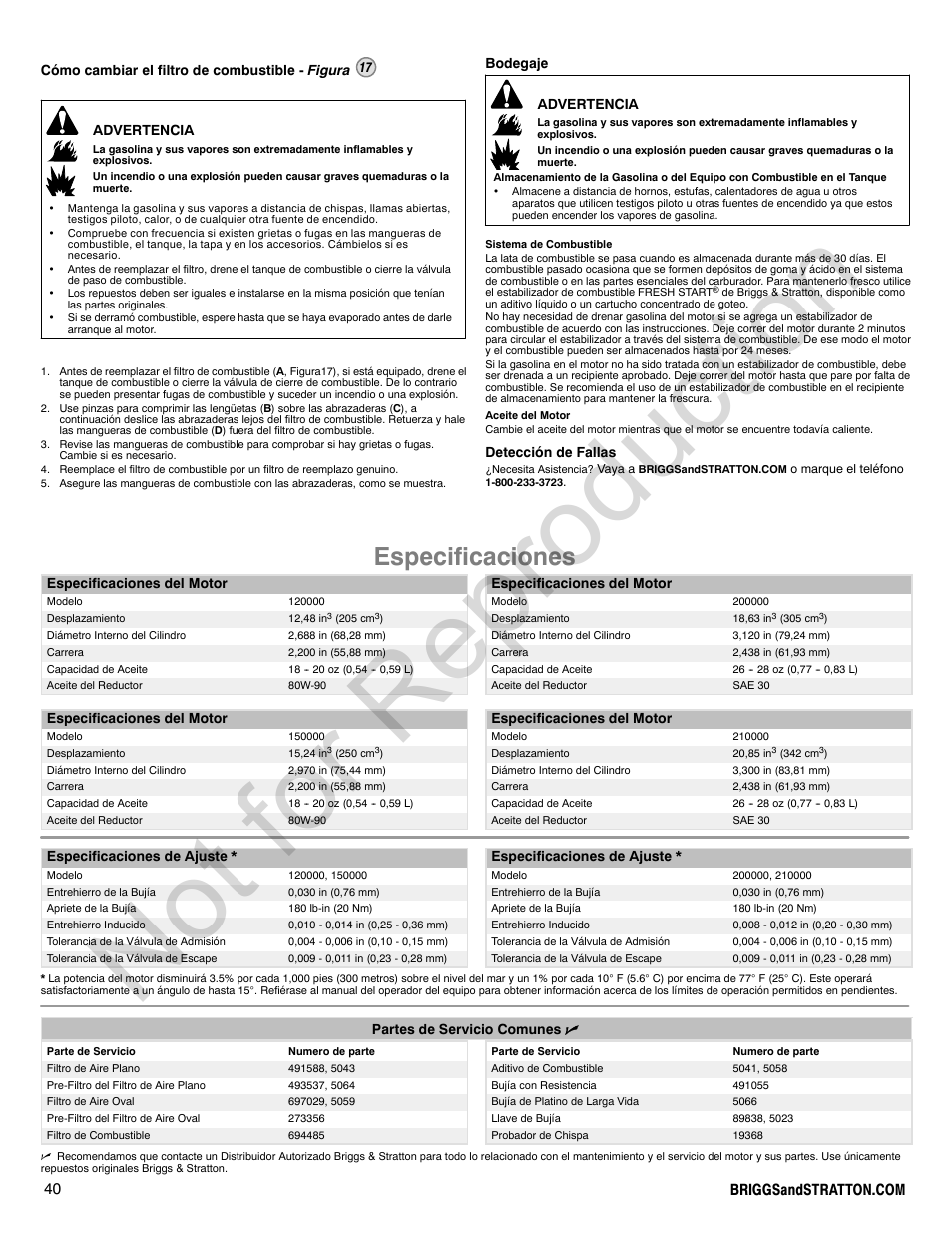 Not for reproduction, Especificaciones | Briggs & Stratton POWER BUILT 200000 User Manual | Page 40 / 92