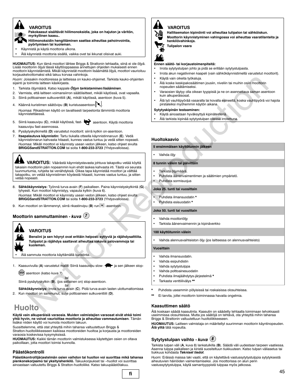 Not for reproduction, Huolto, 45 fi | Briggs & Stratton POWER BUILT 200000 User Manual | Page 45 / 92