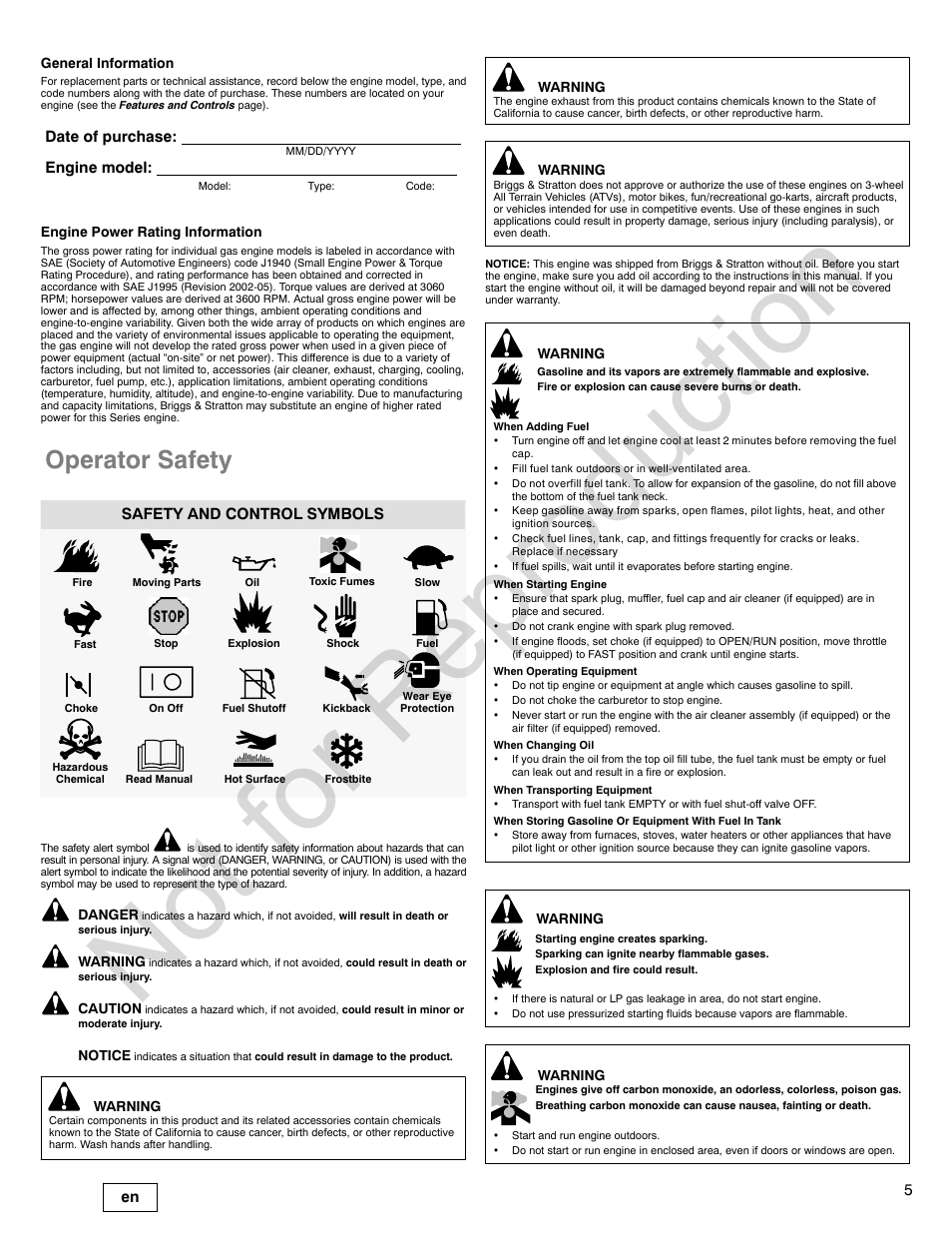 Not for reproduction, Operator safety, Date of purchase: engine model | Safety and control symbols | Briggs & Stratton POWER BUILT 200000 User Manual | Page 5 / 92