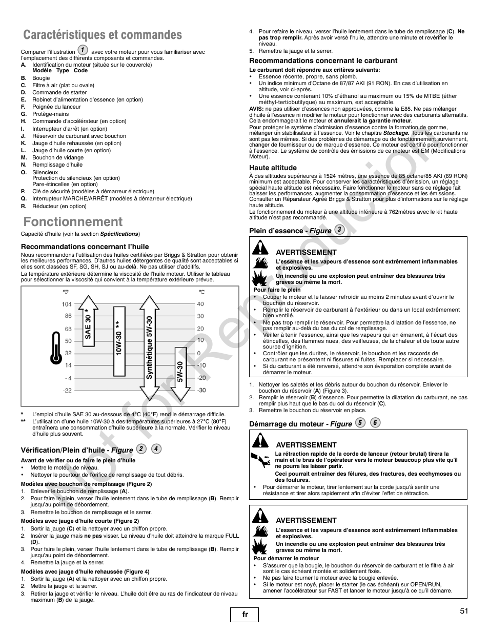 Not for reproduction, Caractéristiques et commandes, Fonctionnement | 51 fr | Briggs & Stratton POWER BUILT 200000 User Manual | Page 51 / 92