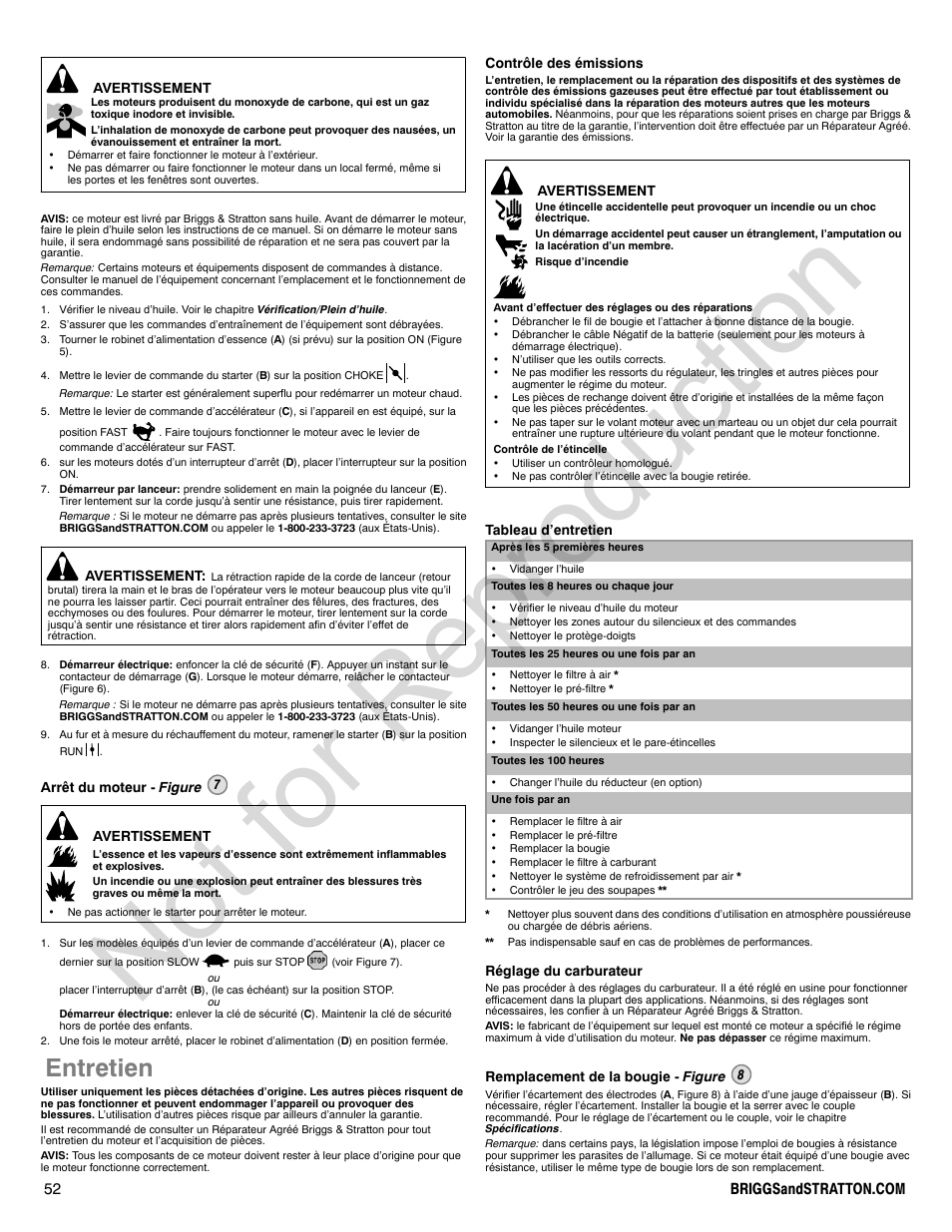 Not for reproduction, Entretien | Briggs & Stratton POWER BUILT 200000 User Manual | Page 52 / 92