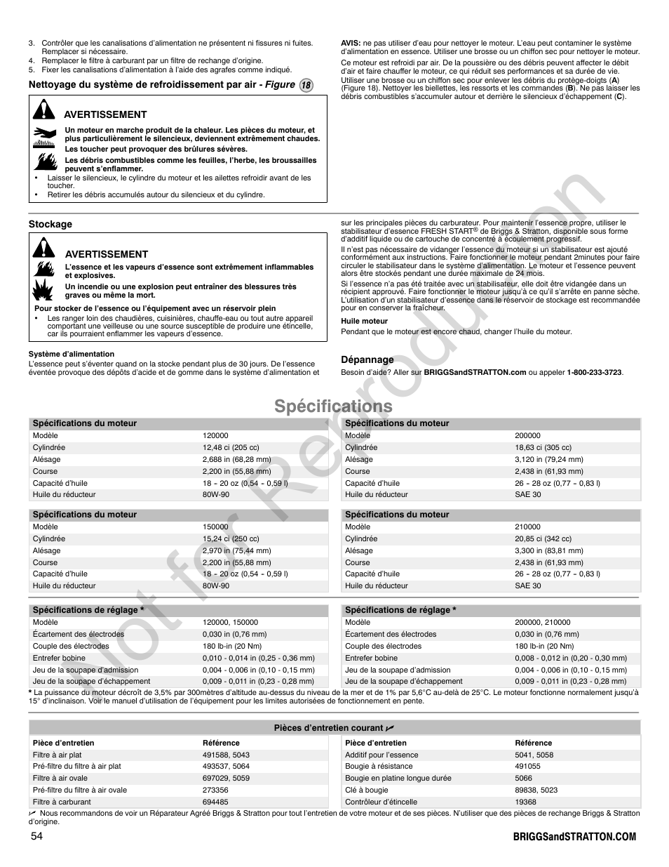 Not for reproduction, Spécifications | Briggs & Stratton POWER BUILT 200000 User Manual | Page 54 / 92
