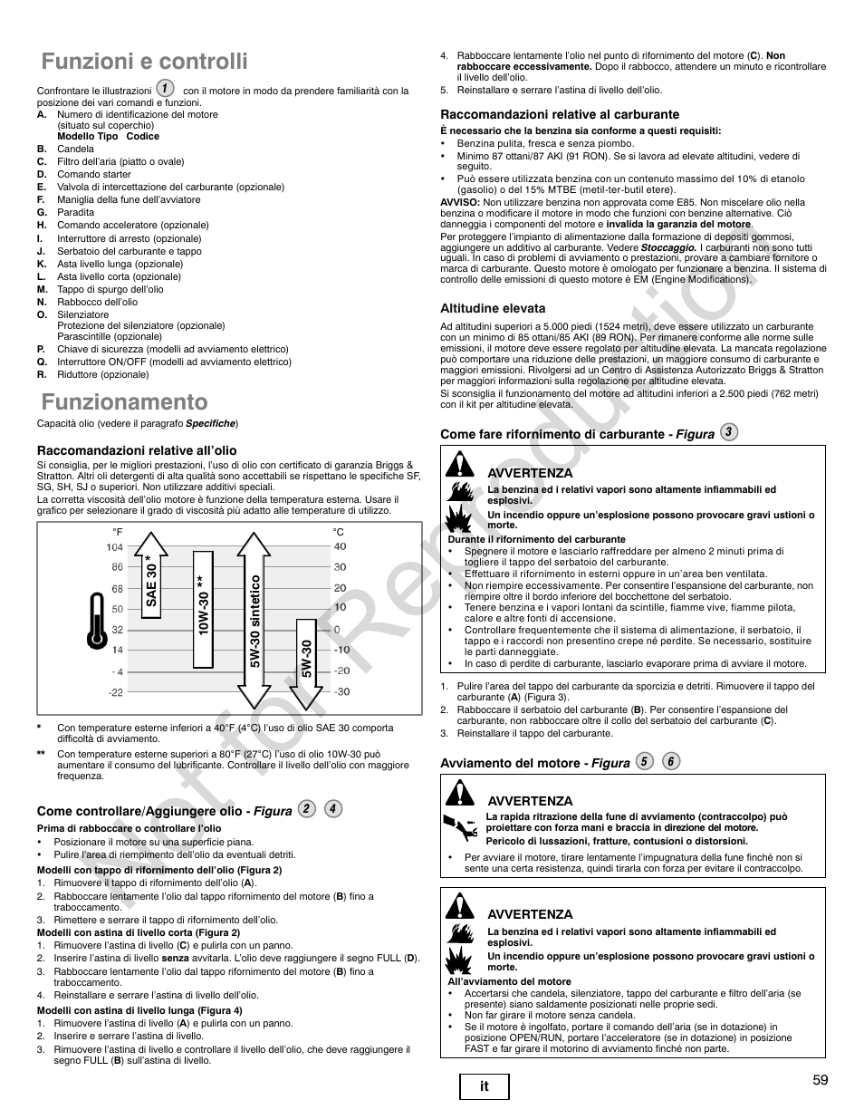 Not for reproduction, Funzioni e controlli, Funzionamento | Briggs & Stratton POWER BUILT 200000 User Manual | Page 59 / 92