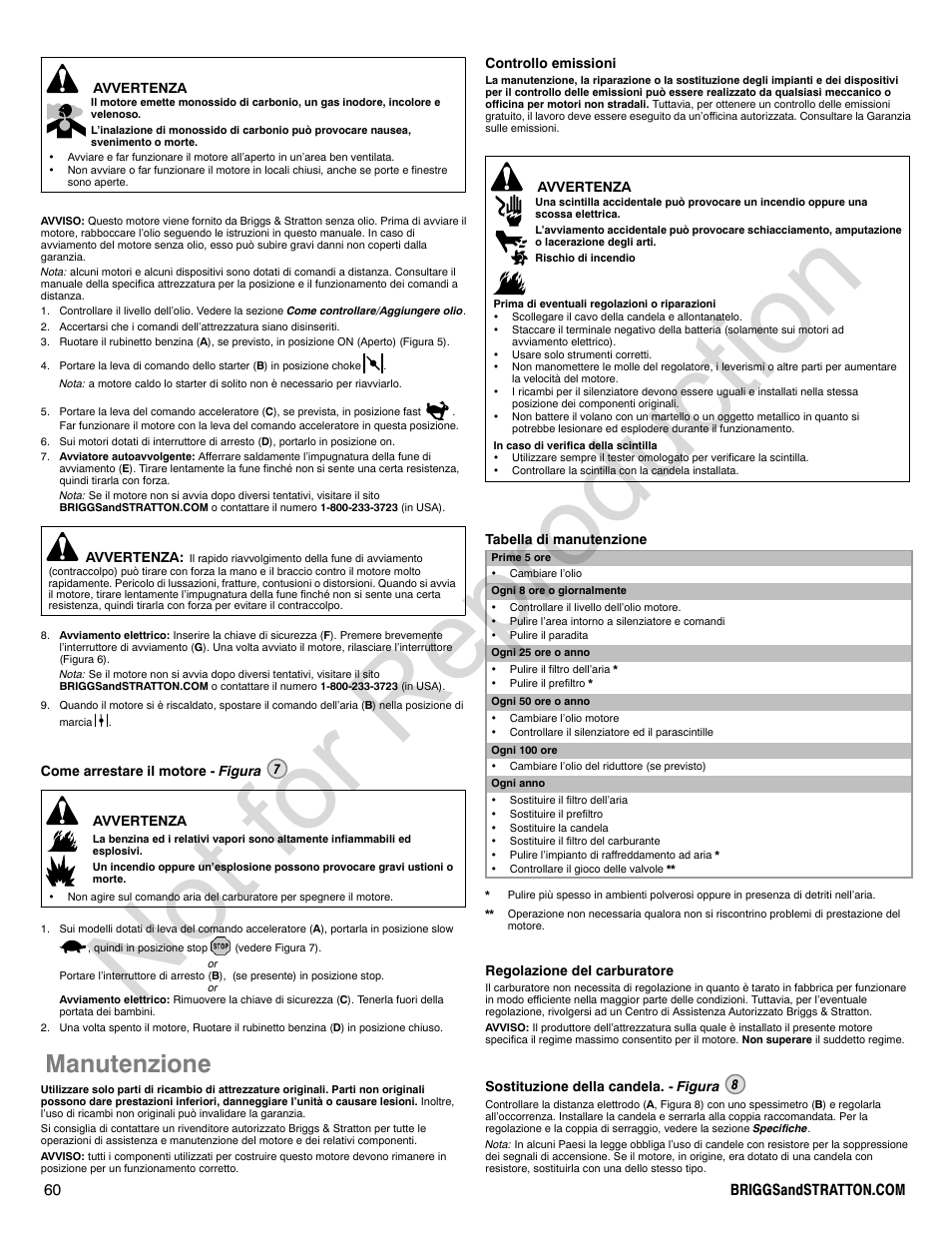 Not for reproduction, Manutenzione | Briggs & Stratton POWER BUILT 200000 User Manual | Page 60 / 92