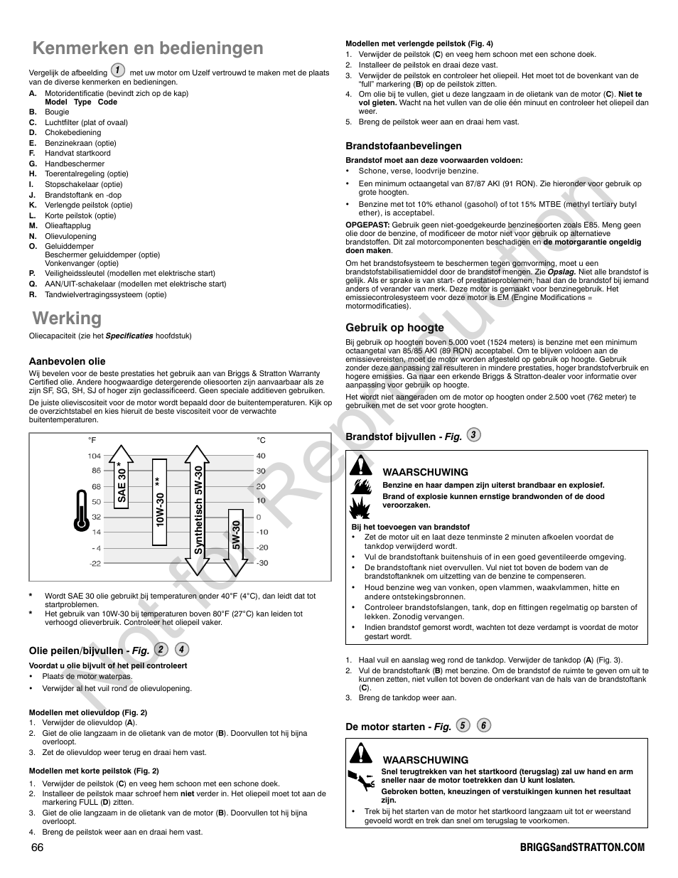 Not for reproduction, Kenmerken en bedieningen, Werking | Briggs & Stratton POWER BUILT 200000 User Manual | Page 66 / 92