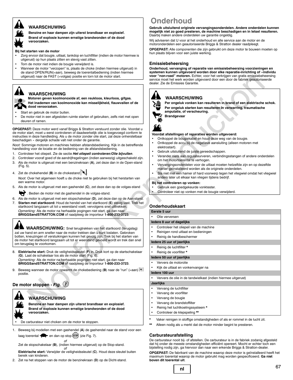 Not for reproduction, Onderhoud, 67 nl | Briggs & Stratton POWER BUILT 200000 User Manual | Page 67 / 92