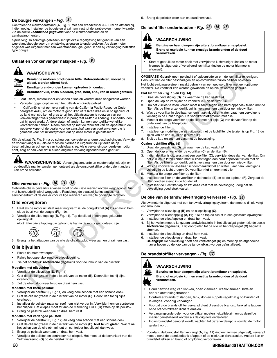 Not for reproduction, Olie verwijderen, Olie bijvullen | Briggs & Stratton POWER BUILT 200000 User Manual | Page 68 / 92