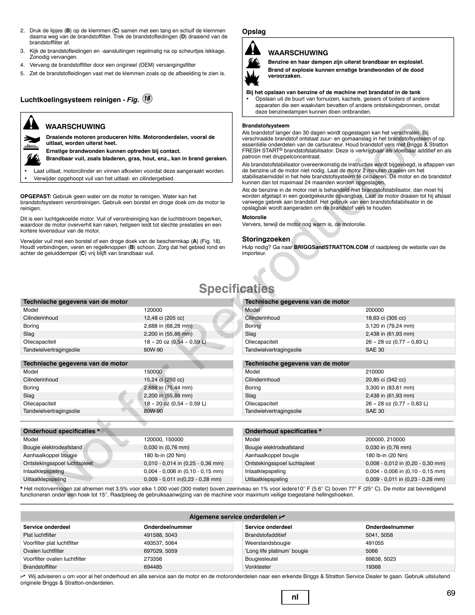 Not for reproduction, Specificaties, 69 nl | Briggs & Stratton POWER BUILT 200000 User Manual | Page 69 / 92