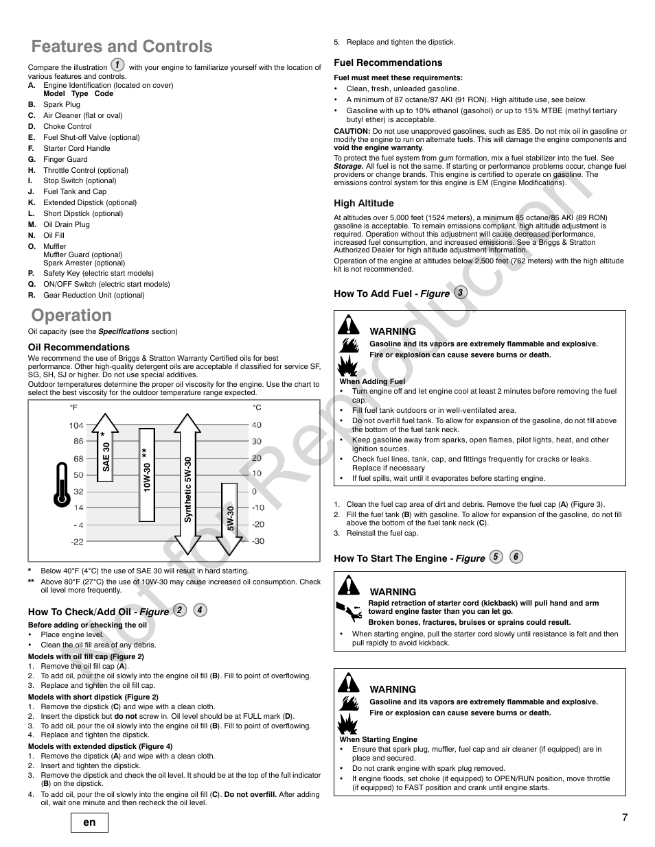 Not for reproduction, Features and controls, Operation | Briggs & Stratton POWER BUILT 200000 User Manual | Page 7 / 92