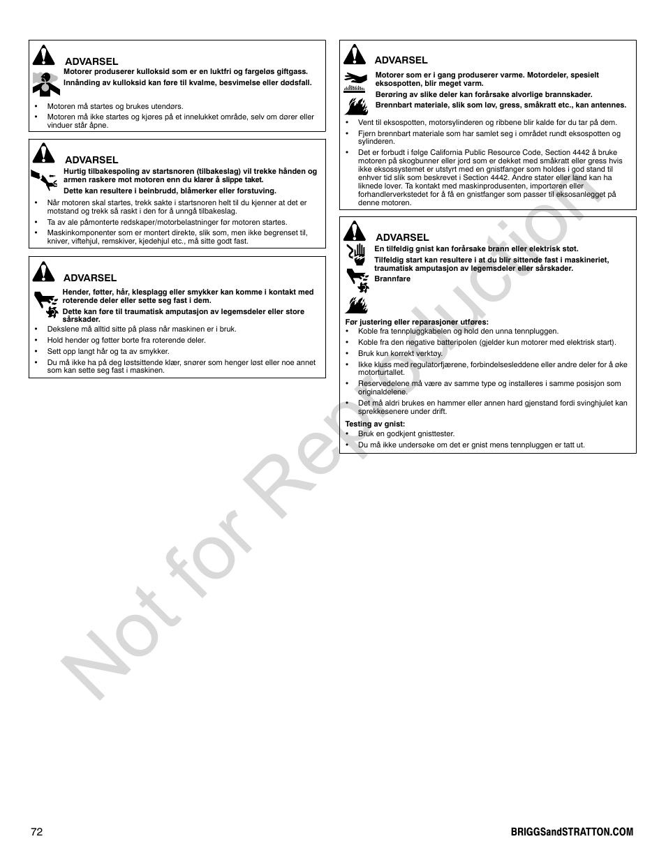 Not for reproduction | Briggs & Stratton POWER BUILT 200000 User Manual | Page 72 / 92