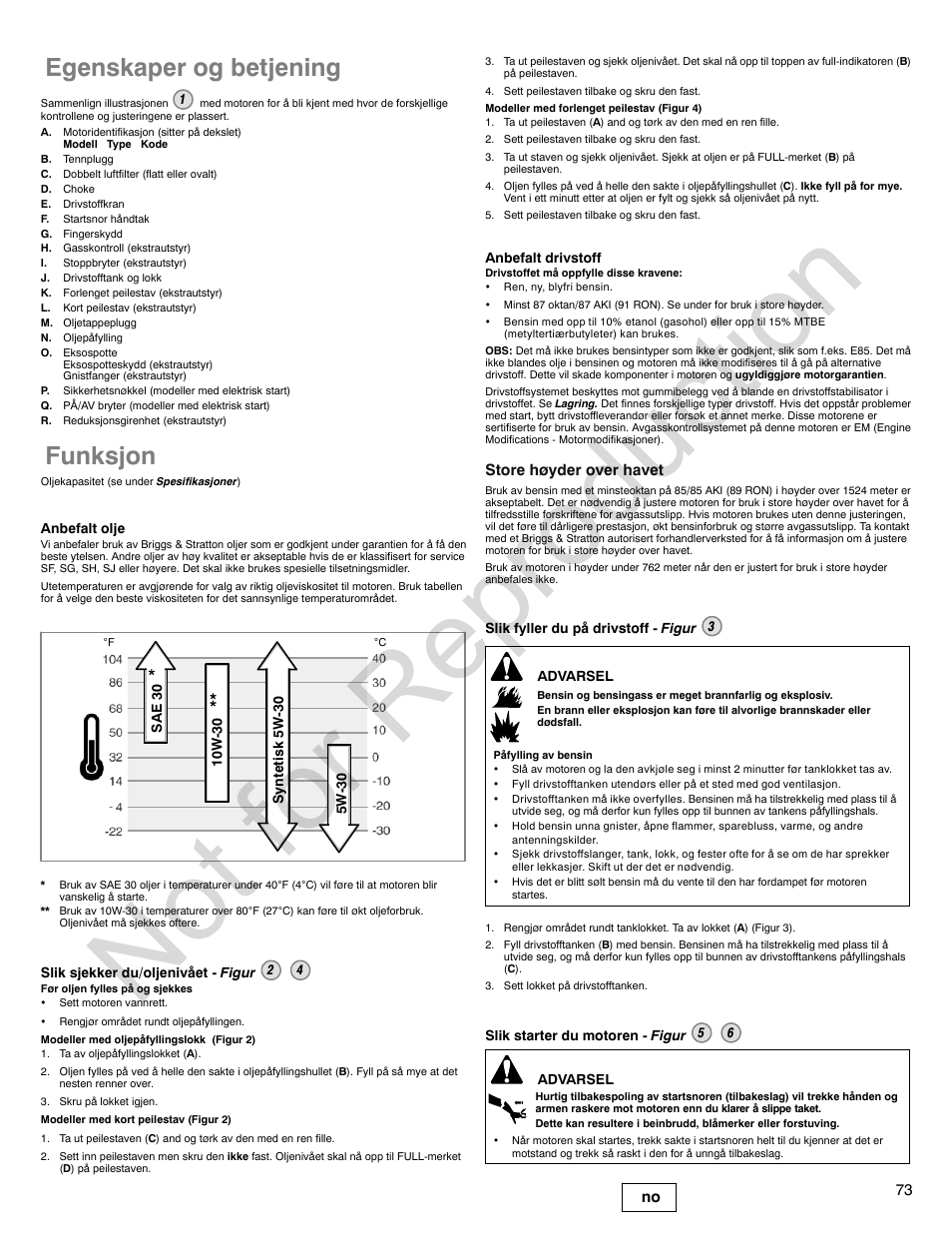 Not for reproduction, Egenskaper og betjening, Funksjon | Briggs & Stratton POWER BUILT 200000 User Manual | Page 73 / 92