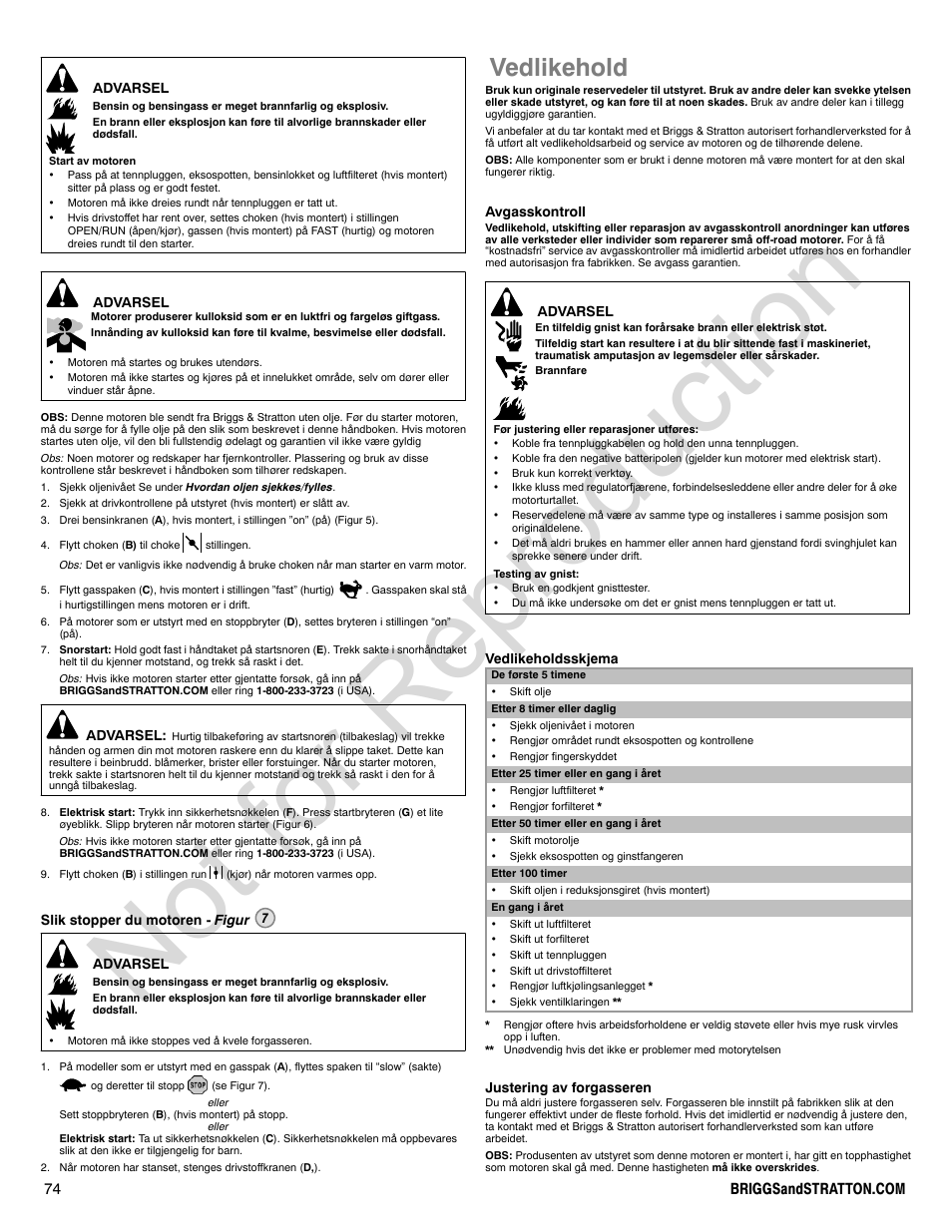 Not for reproduction, Vedlikehold | Briggs & Stratton POWER BUILT 200000 User Manual | Page 74 / 92