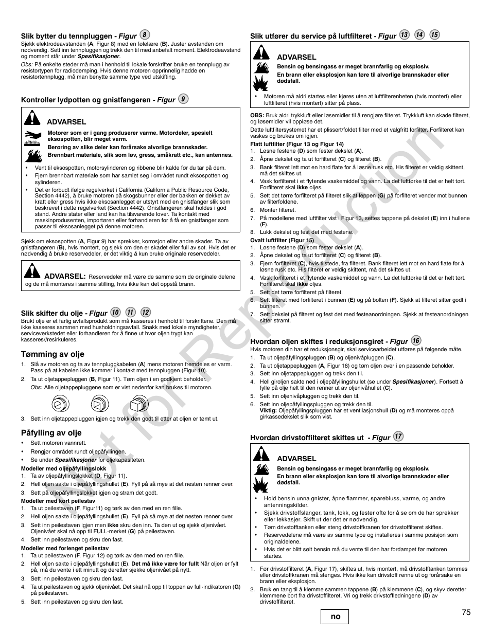 Not for reproduction, 75 no, Tømming av olje | Påfylling av olje | Briggs & Stratton POWER BUILT 200000 User Manual | Page 75 / 92