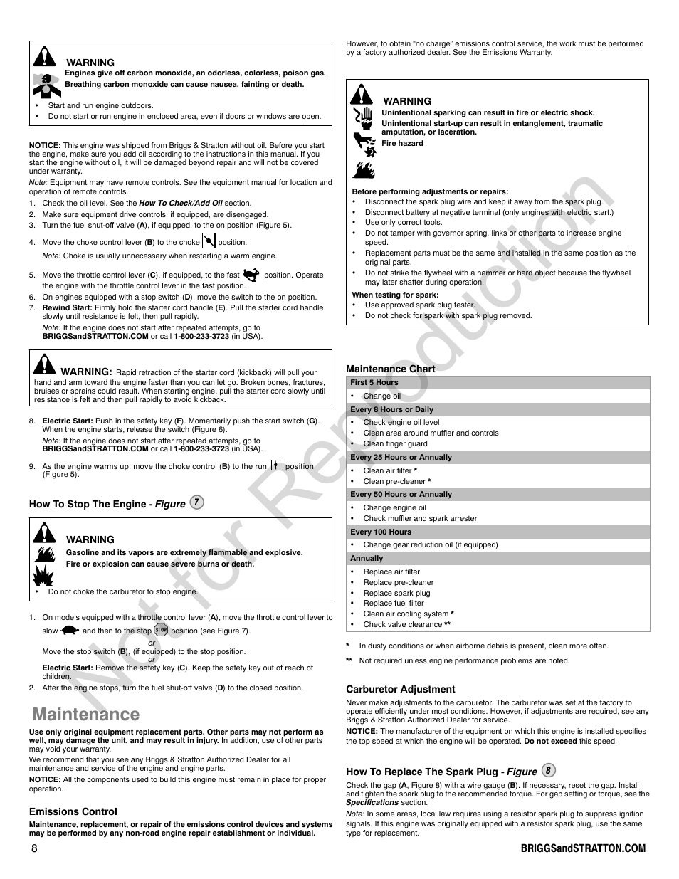 Not for reproduction, Maintenance | Briggs & Stratton POWER BUILT 200000 User Manual | Page 8 / 92