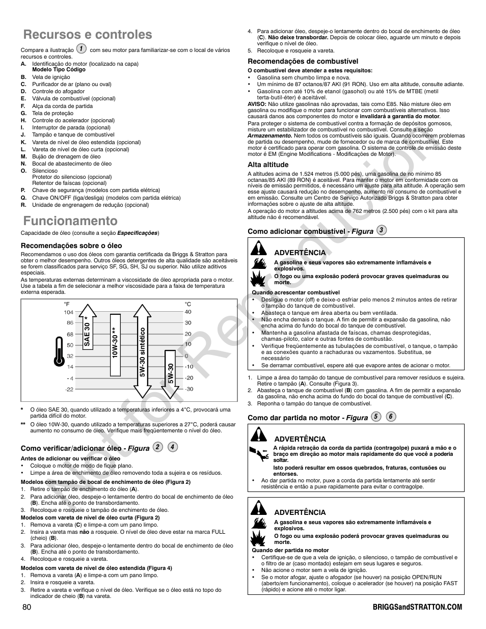 Not for reproduction, Recursos e controles, Funcionamento | Briggs & Stratton POWER BUILT 200000 User Manual | Page 80 / 92