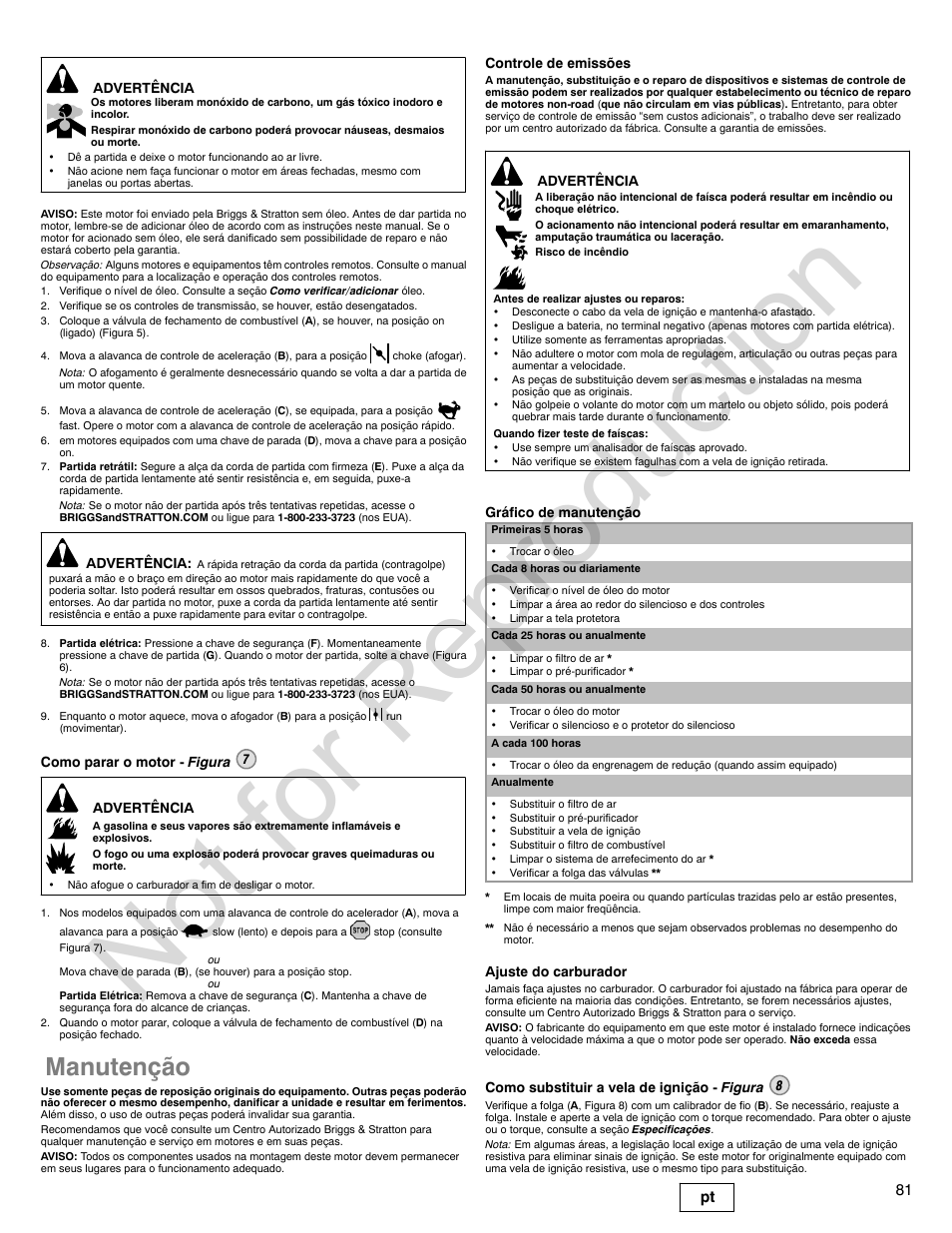 Not for reproduction, Manutenção, 81 pt | Briggs & Stratton POWER BUILT 200000 User Manual | Page 81 / 92