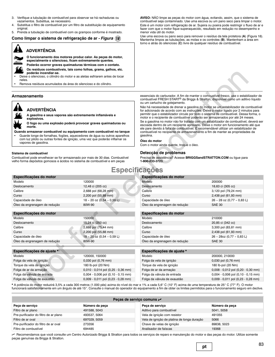 Not for reproduction, Especificações, 83 pt | Briggs & Stratton POWER BUILT 200000 User Manual | Page 83 / 92