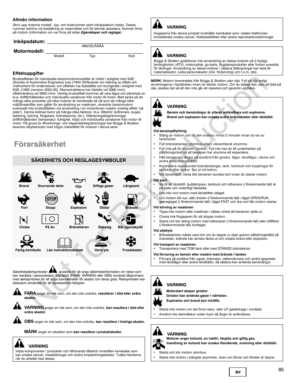 Not for reproduction, Förarsäkerhet, 85 sv | Inköpsdatum: motormodell, Säkerhets och reglagesymboler | Briggs & Stratton POWER BUILT 200000 User Manual | Page 85 / 92