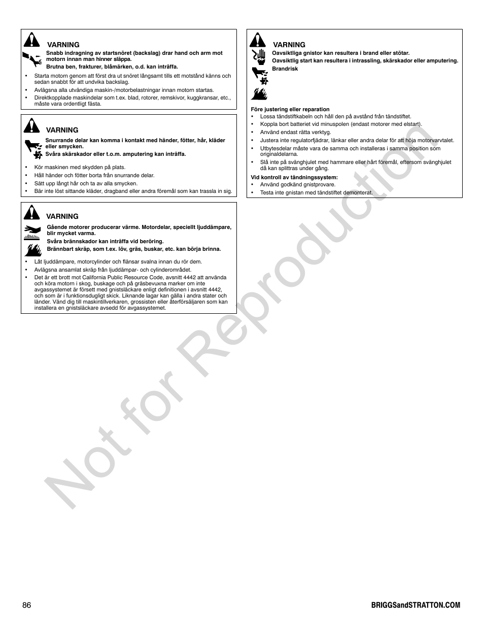 Not for reproduction | Briggs & Stratton POWER BUILT 200000 User Manual | Page 86 / 92