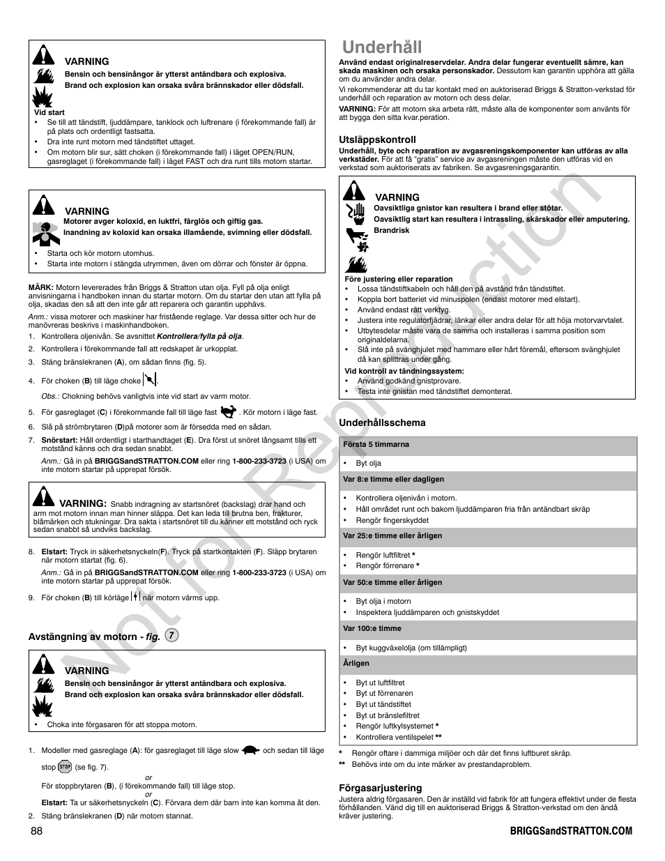 Not for reproduction, Underhåll | Briggs & Stratton POWER BUILT 200000 User Manual | Page 88 / 92