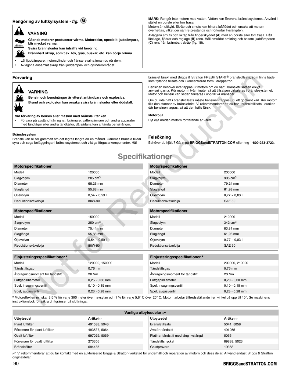 Not for reproduction, Specifikationer | Briggs & Stratton POWER BUILT 200000 User Manual | Page 90 / 92