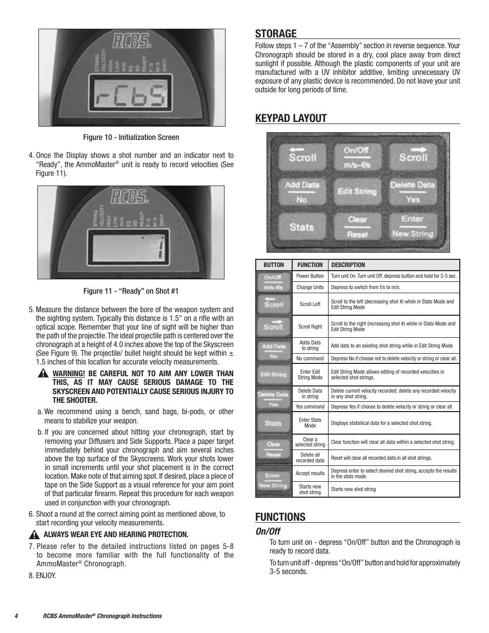 Storage, Keypad layout, Functions | On/off | RCBS AmmoMaster Chronograph User Manual | Page 4 / 8