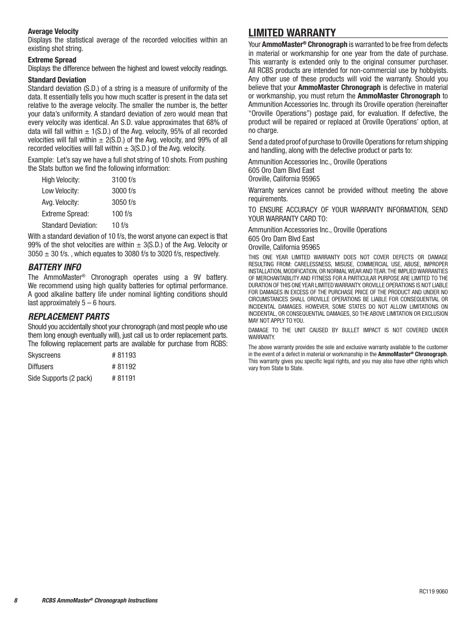 Limited warranty, Battery info, Replacement parts | RCBS AmmoMaster Chronograph User Manual | Page 8 / 8