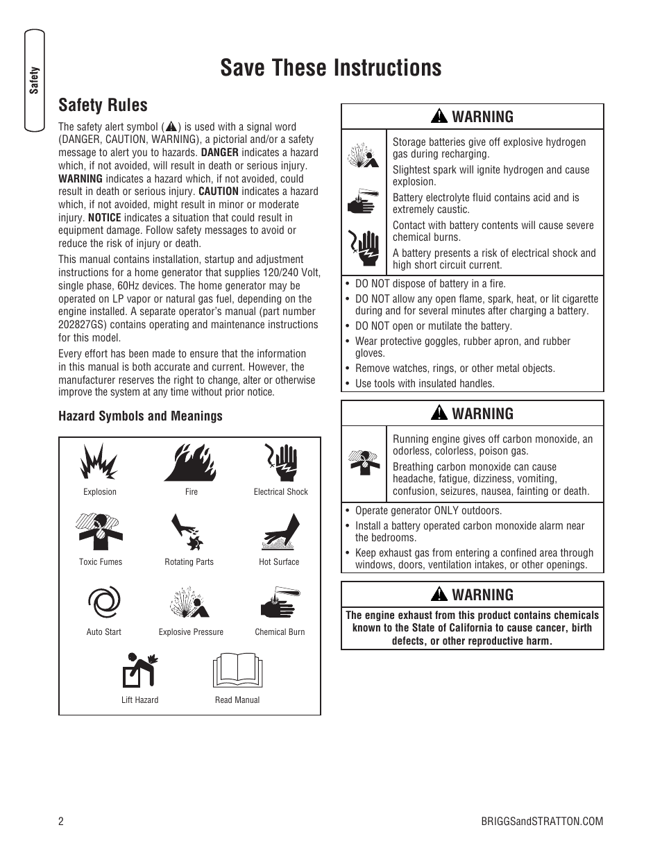 Save these instructions, Safety rules, Warning | Briggs & Stratton 18000 User Manual | Page 4 / 56