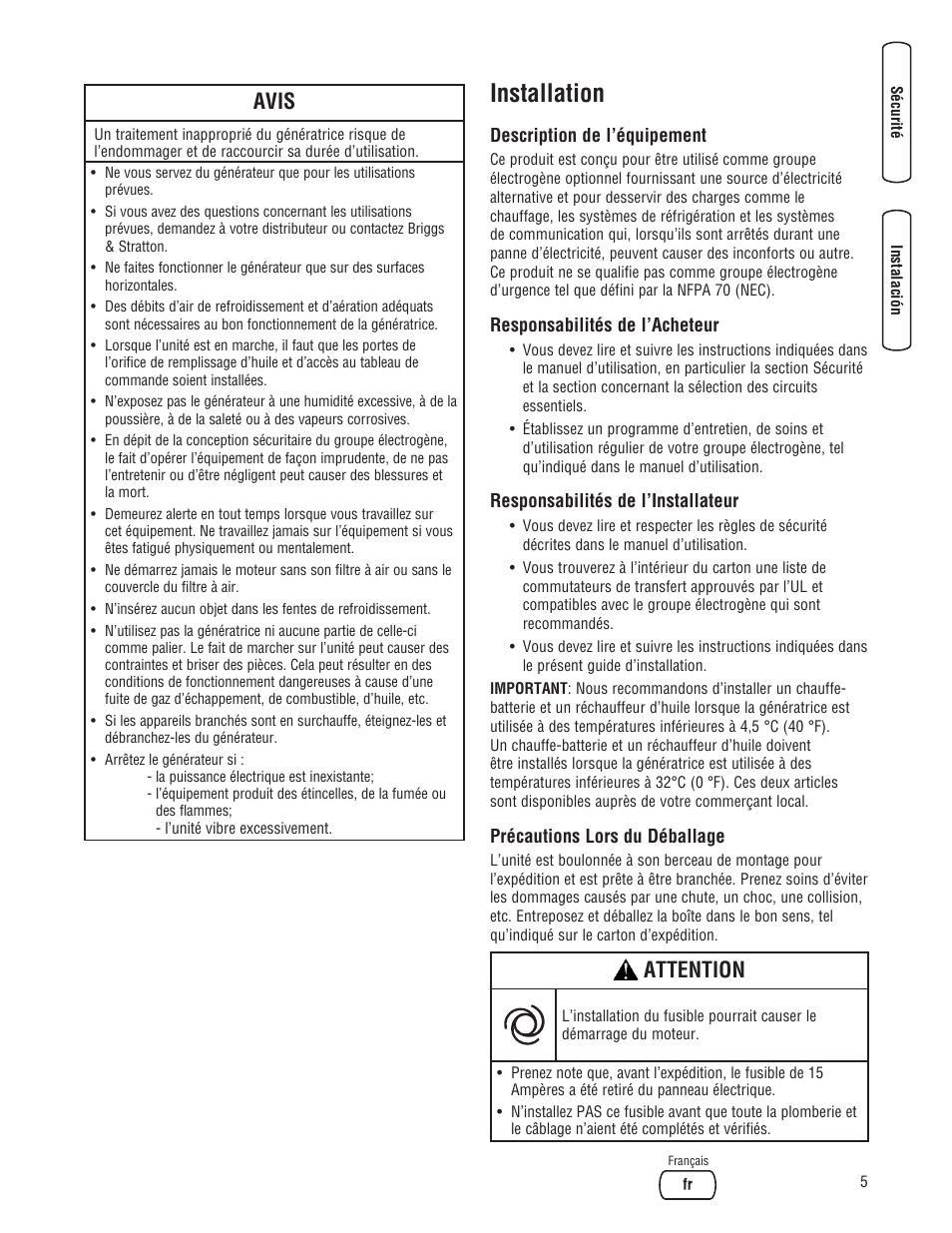 Installation, Avis, Attention | Briggs & Stratton 18000 User Manual | Page 43 / 56