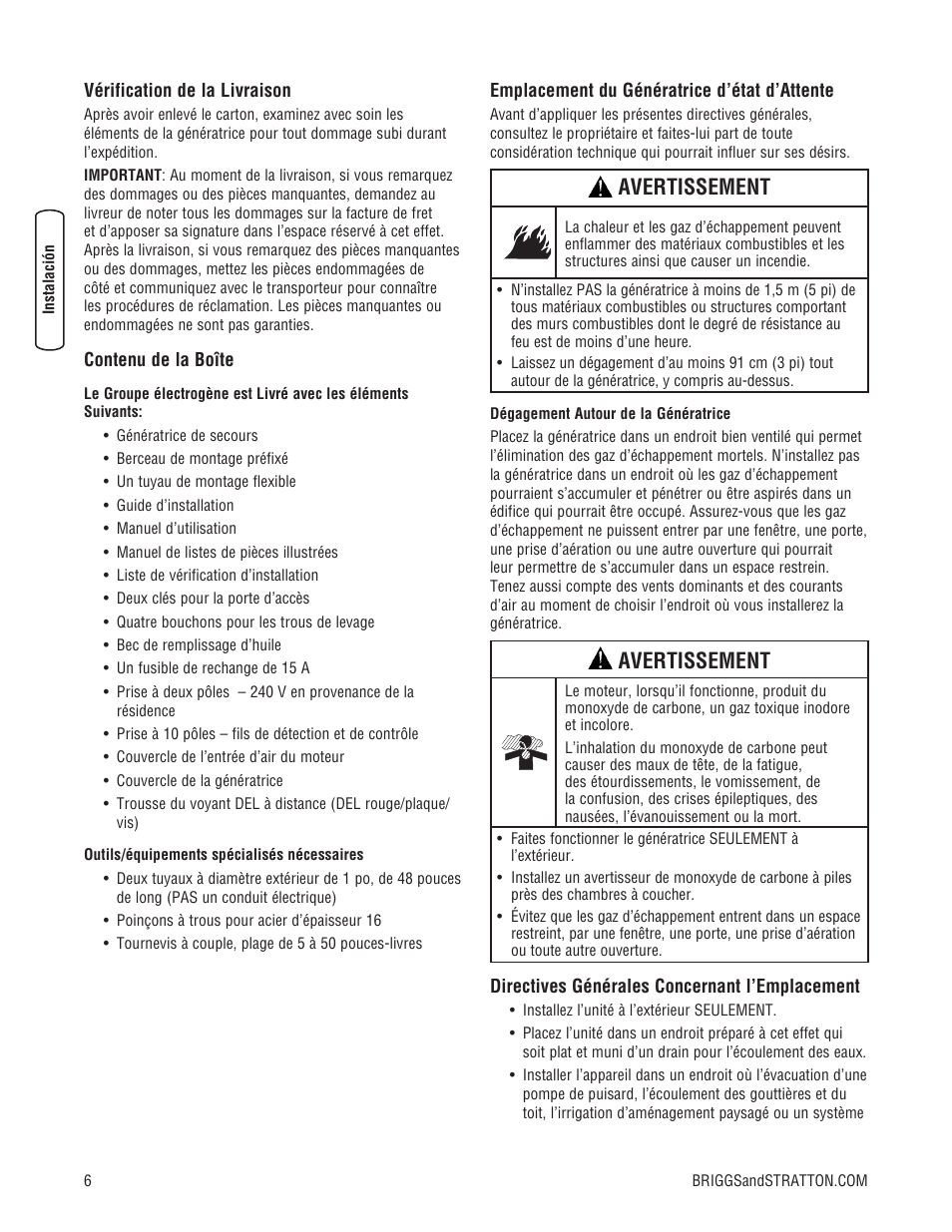 Avertissement | Briggs & Stratton 18000 User Manual | Page 44 / 56