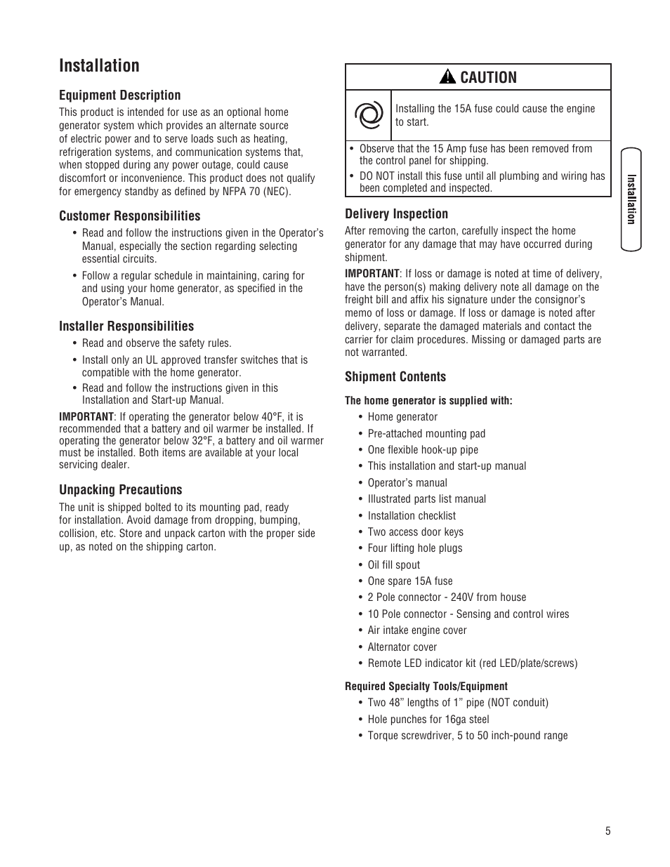 Installation, Caution | Briggs & Stratton 18000 User Manual | Page 7 / 56