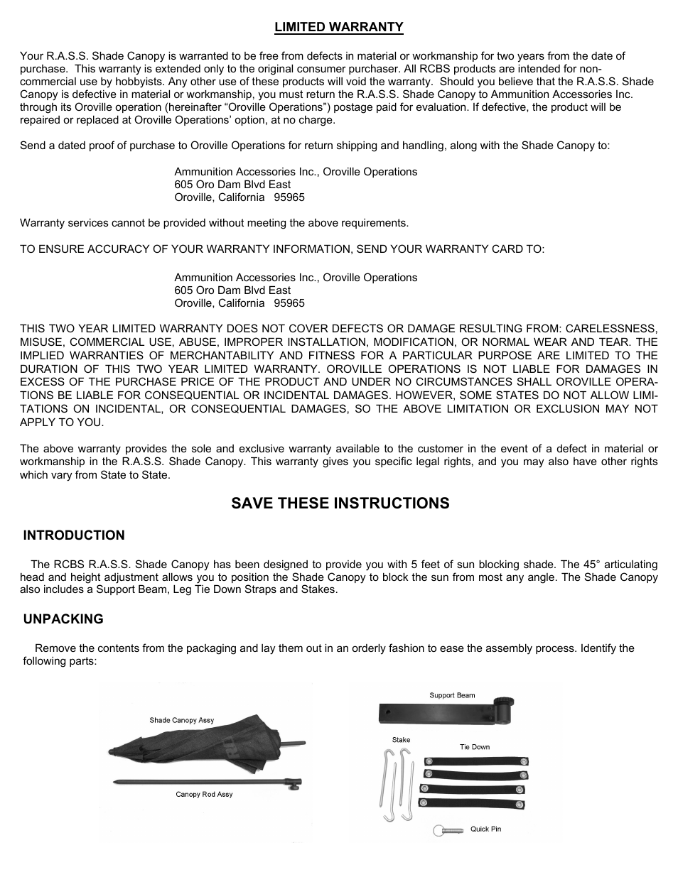Save these instructions | RCBS RASS Shade Canopy User Manual | Page 2 / 8