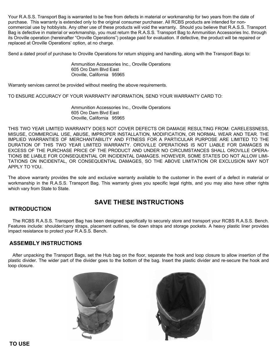 Save these instructions | RCBS RASS Transport Bag User Manual | Page 2 / 8