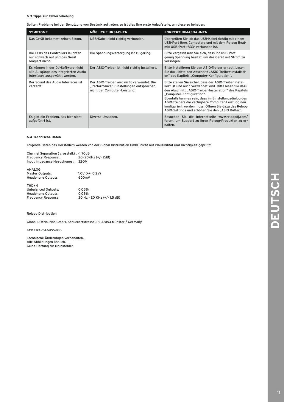 3 tipps zur fehlerbehebung, 4 technische daten, De ut s ch | Reloop BEATMIX User Manual | Page 11 / 44