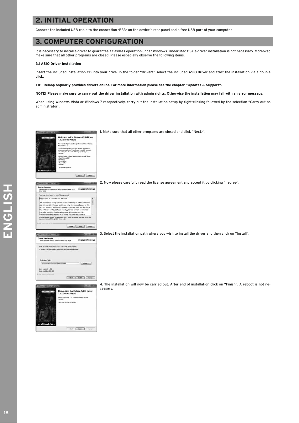 Initial operation, Computer configuration, 1 asio driver installation | English | Reloop BEATMIX User Manual | Page 16 / 44