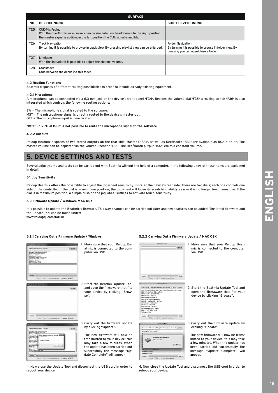 2 routing functions, 1 microphone, 2 outputs | Device settings and tests, 1 jog sensitivity, 2 firmware update / windows, mac osx, 1 carrying out a firmware update / windows, 2 carrying out a firmware update / mac osx, English | Reloop BEATMIX User Manual | Page 19 / 44