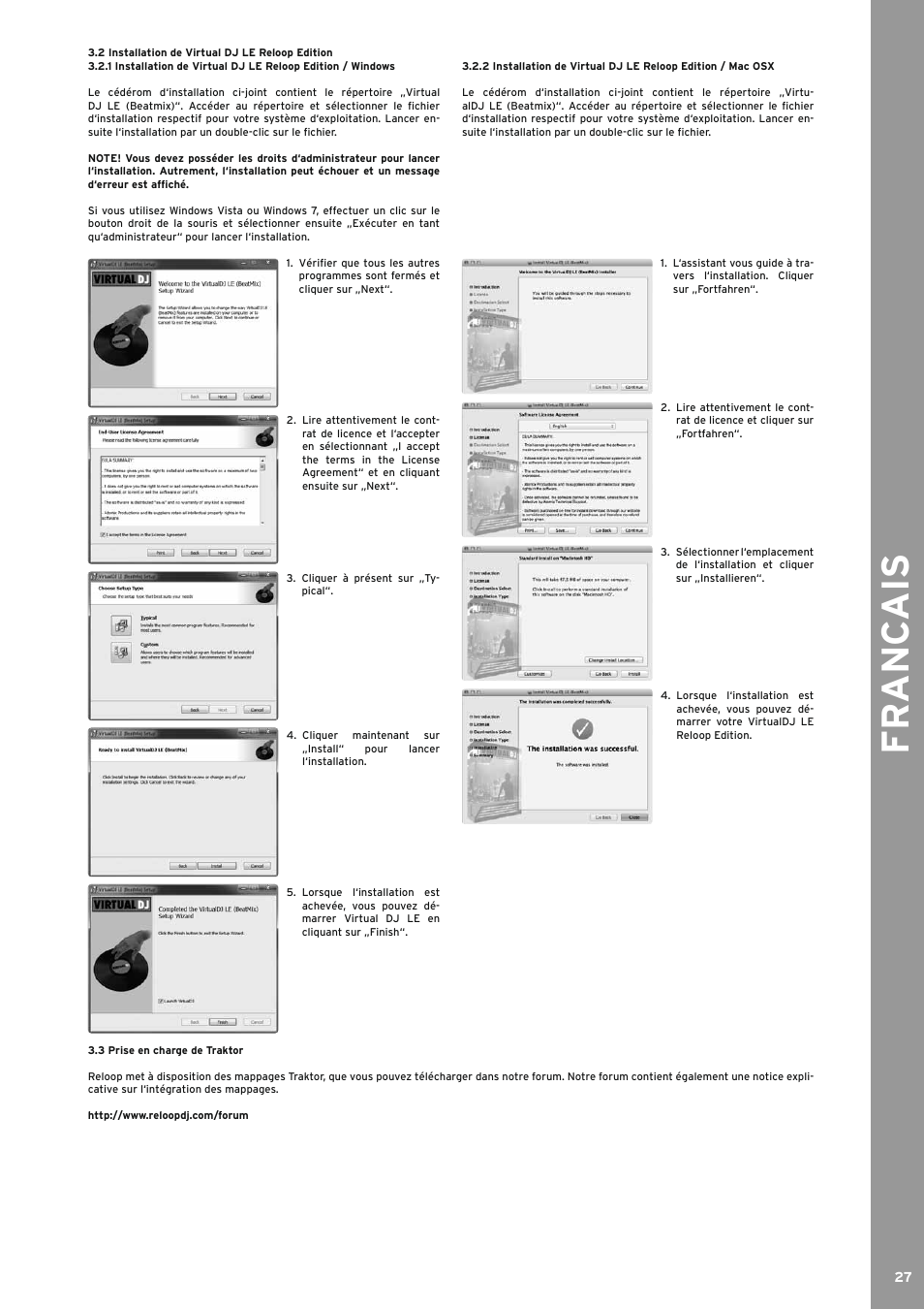 2 installation de virtual dj le reloop edition, 3 prise en charge de traktor, Fr anc ais | Reloop BEATMIX User Manual | Page 27 / 44