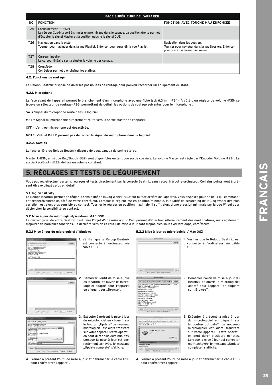 Fonctions de routage, Microphone, Sorties | Réglages et tests de l‘équipement, 1 jog-sensitivity, 2 mise à jour du micrologiciel/windows, mac osx, 1 mise à jour du micrologiciel / windows, 2 mise à jour du micrologiciel / mac osx, Fr anc ais | Reloop BEATMIX User Manual | Page 29 / 44