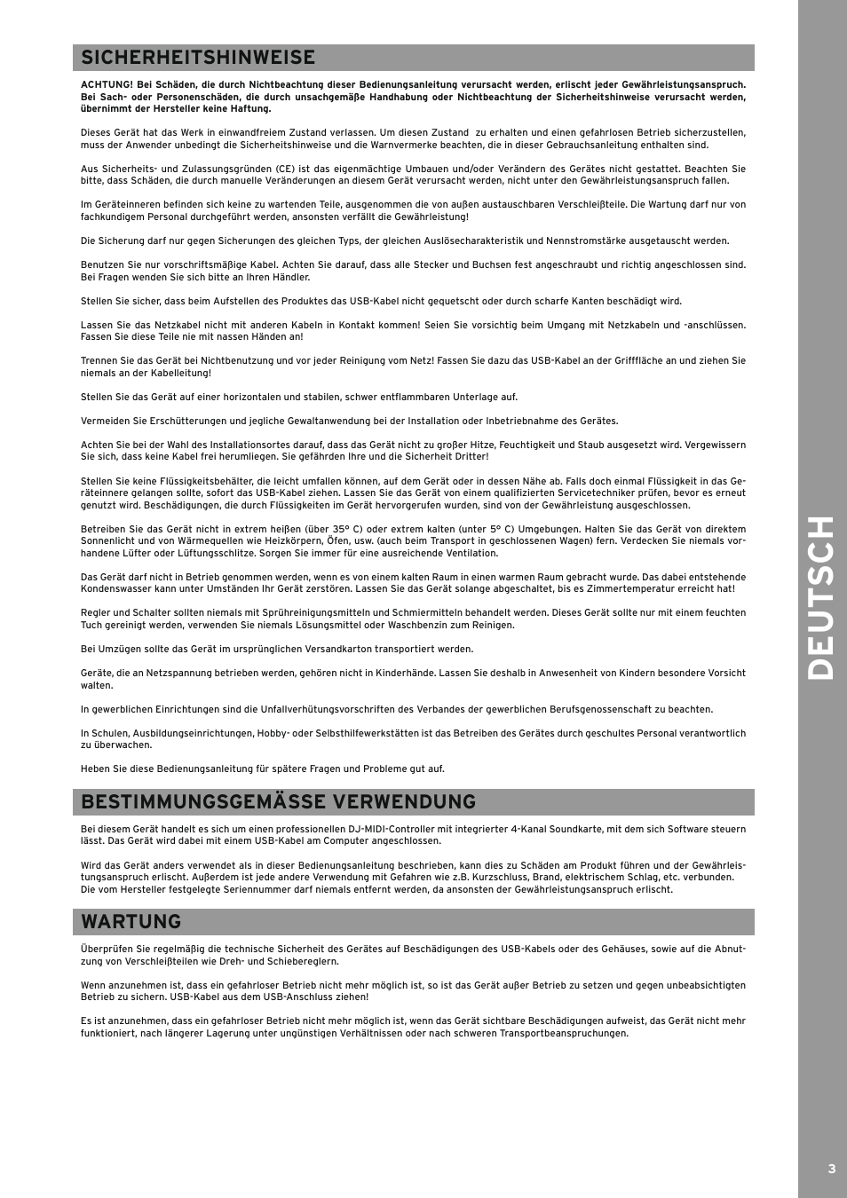 Sicherheitshinweise, Bestimmungsgemäße verwendung, Wartung | Bestimmungsgemässe verwendung, De ut s ch | Reloop BEATMIX User Manual | Page 3 / 44