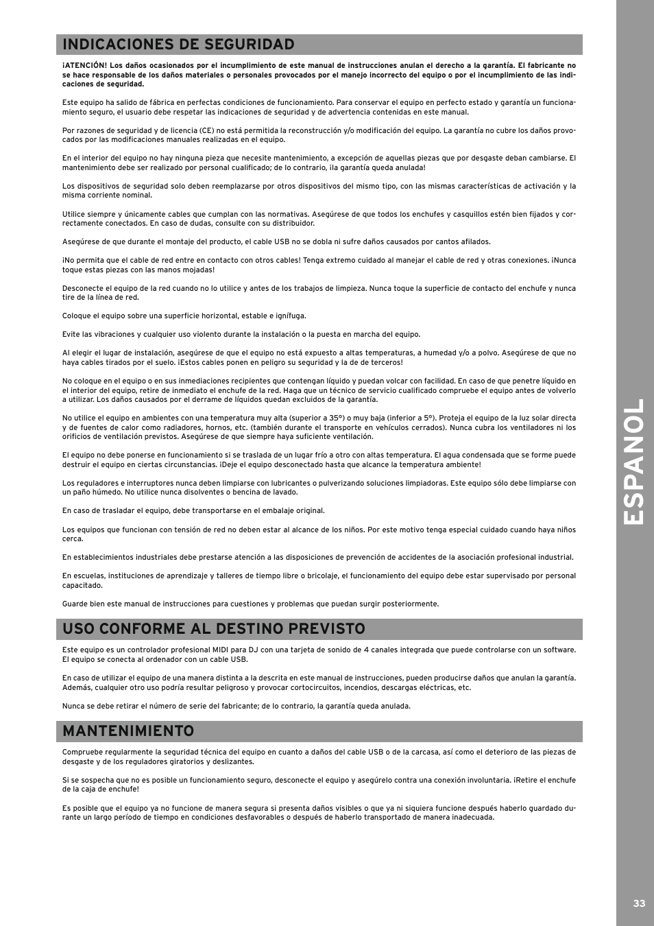 Indicaciones de seguridad, Uso conforme al destino previsto, Mantenimiento | Esp anol | Reloop BEATMIX User Manual | Page 33 / 44