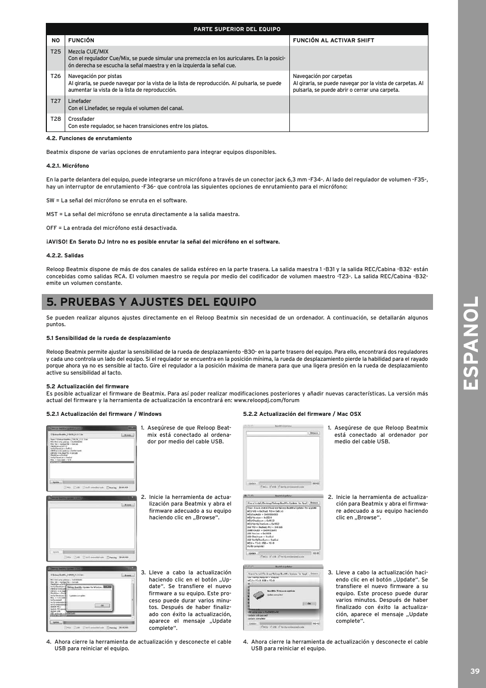 Funciones de enrutamiento, Micrófono, Salidas | Pruebas y ajustes del equipo, 1 sensibilidad de la rueda de desplazamiento, 2 actualización del firmware / windows, 1 actualización del firmware / windows, 2 actualización del firmware / mac osx, 2 actualización del firmware, Esp anol | Reloop BEATMIX User Manual | Page 39 / 44